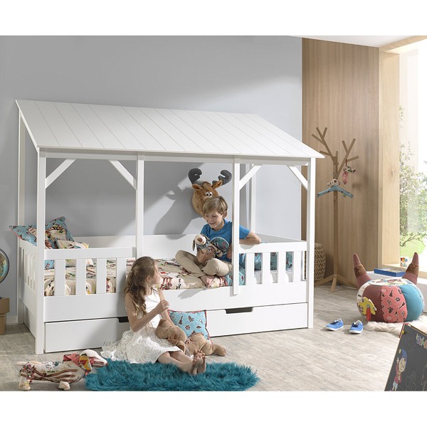 Kinderbett Mit Schublade 90X200Cm Massiv Weiß Kinderzimmer Spielbett Hausbett-image