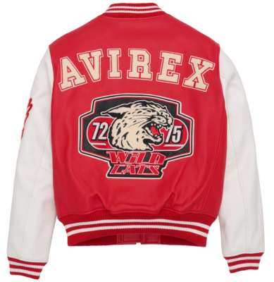 AVIREX WILDCAT PEBBLE APPLIQUE COWHIDE LEATHER VARSITY JACKET IN