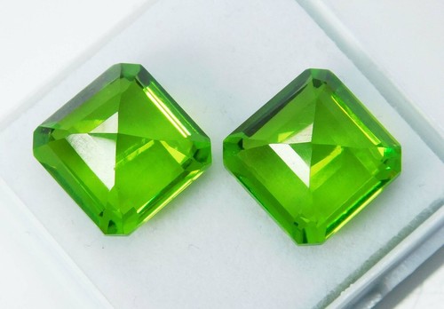 20 Ct Natural Peridot Green Square Emerald Shape Certified Loose Gemstones Pair - Picture 6 of 7