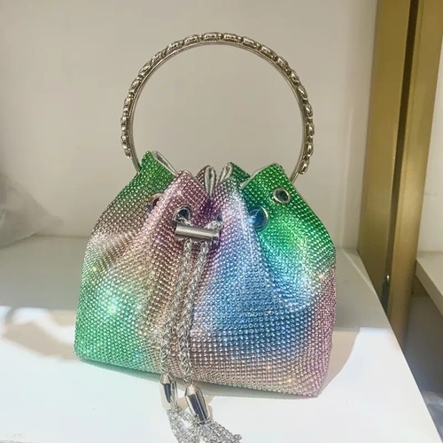 Multicolor Evening Clutch Bag Rhinestone Crystal Bucket Party Bag Purse Tassel - Picture 3 of 17