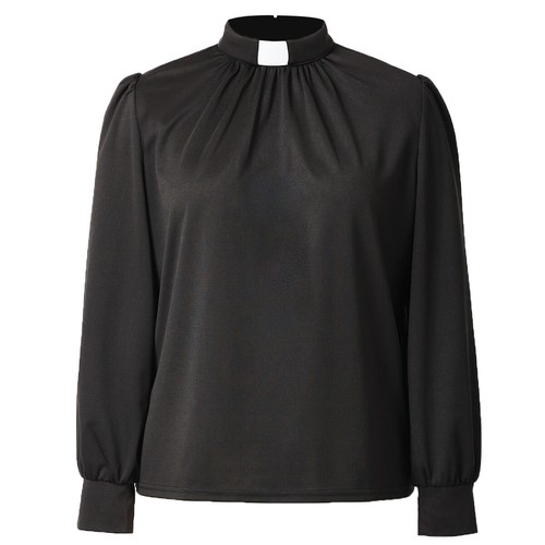 Women Pleated Front Clergy Shirt Tab Collar Pastor Priest Lady Casual Blouse - Picture 5 of 32