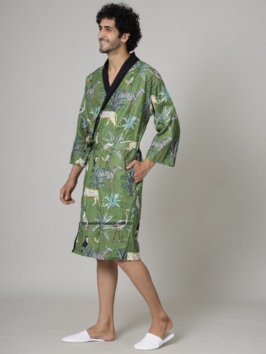 Para Hombres Kimono Albornoz Algodón Estampado Tigre Pijama Prendas para Dormir Bata de Noche Vestido Verde - Imagen 3 de 9