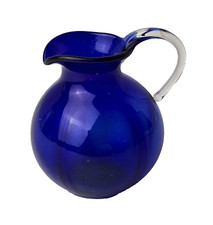 Vintage Miniature 1 3/4"  Blue Glass Pitcher Clear Handle  Doll House Shadow Box