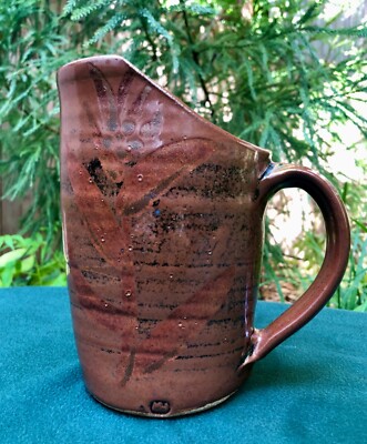 Matthew Hyleck Stoneware Ceramic Pitcher Floral Shino/Raku Glaze - Signed MH