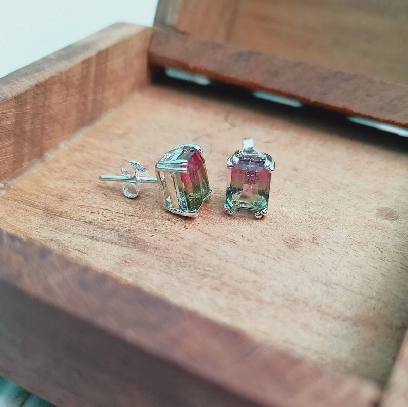 西瓜碧玺耳环,925 纯银耳环,碧玺耳钉 — 第 4/4 张图片