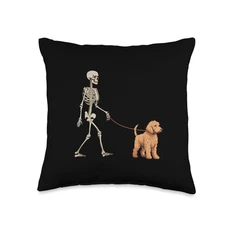 Funny Goldendoodle Skeleton Dog Walking Halloween Throw Pillow