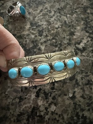 Navajo Sterling Silver Turquoise Row Cuff Bracelet Signed PL  Sleeping Beauty