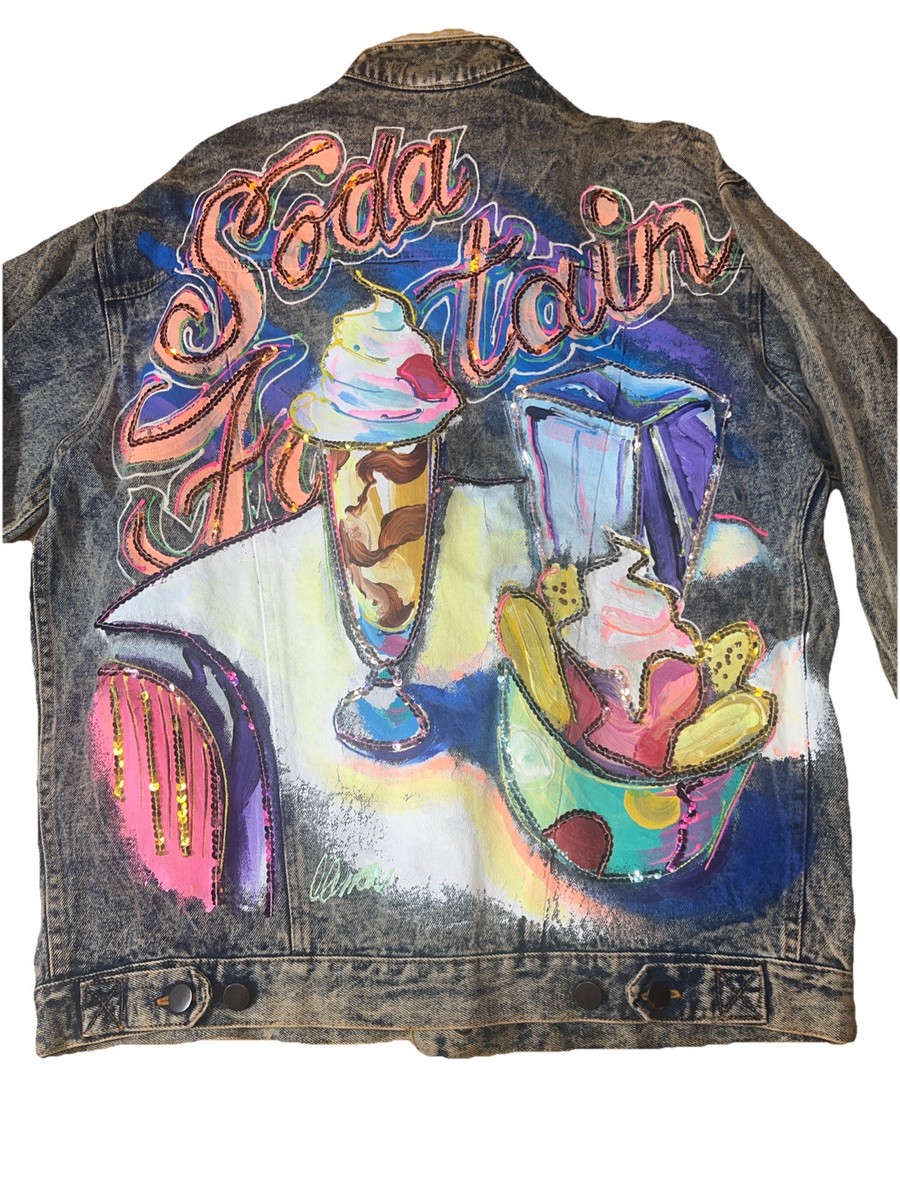Vintage 80s 90s Sport Deco jacket Denim Jean hand painted Applique 