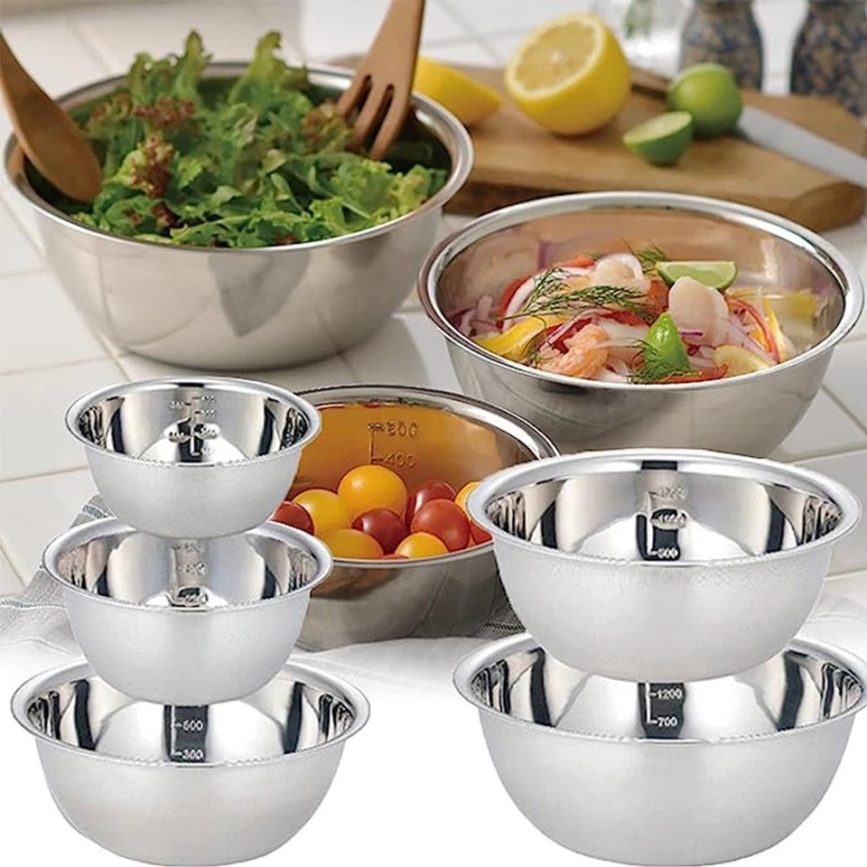 3 Stainless Steel Mixing Bowls with Measurement Marks 0 8L 1 2L 2L Cooking Set - Image 3 of 4