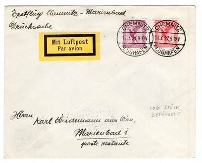 Zeppelin/Airmail 1927 AIRMAIL Chemnitz - Mariánské Lázně (CA9206)
