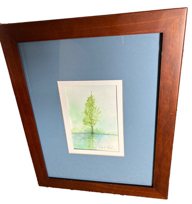 Original Watercolor Painting Green Tree by Lake 13 x16  Nicely Framed Signed Sue