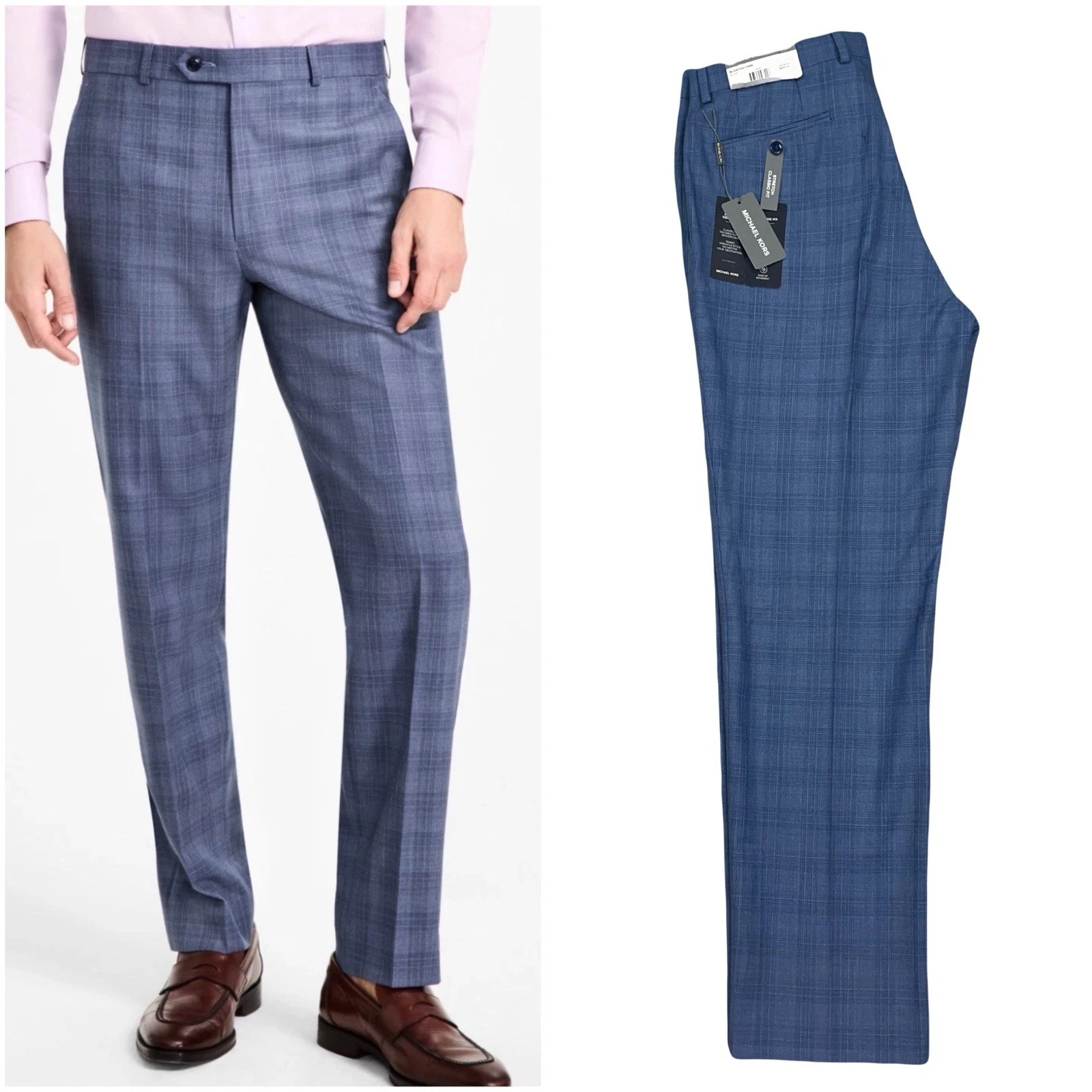 Michael Kors Mens Classic fit Wool Blend Dress Pant 40/30 Blue Plaid New