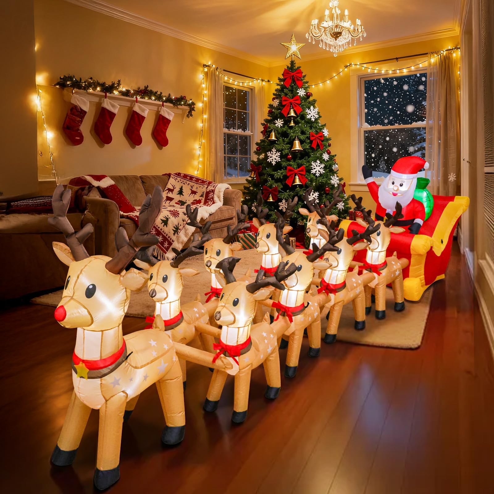 14 FT Christmas Inflatables Outdoor Decorations, Santa Claus Sleigh and 9 Rei...
