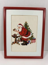 Finished Completed Needlepoint Embroidery VTG Christmas Santa 1980s Framed