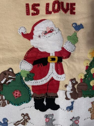Vintage Bucilla Santa CHRISTMAS IS LOVE Handmade Wall Hanging Woodland Animals - Picture 3 of 11