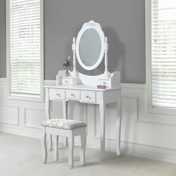 Avc Designs 5 Drawer Dressing Table With Oval Mirror Stool Set White For Avc Designs 5 Drawer Dressing Table, White Dressing Table With Mirror And Drawers