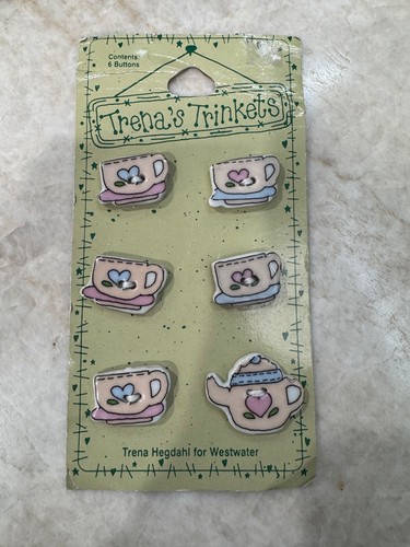Trena's Trinkets Vintage 1996 Ceramic Buttons TEACUPS Set of 6 NEW NOS - Picture 3 of 4