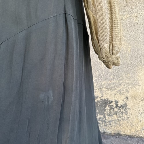 Vintage 1930s Black Silk Dress Silver Lamé Balloon Sleeves Metal Bead Accents - Picture 19 of 24