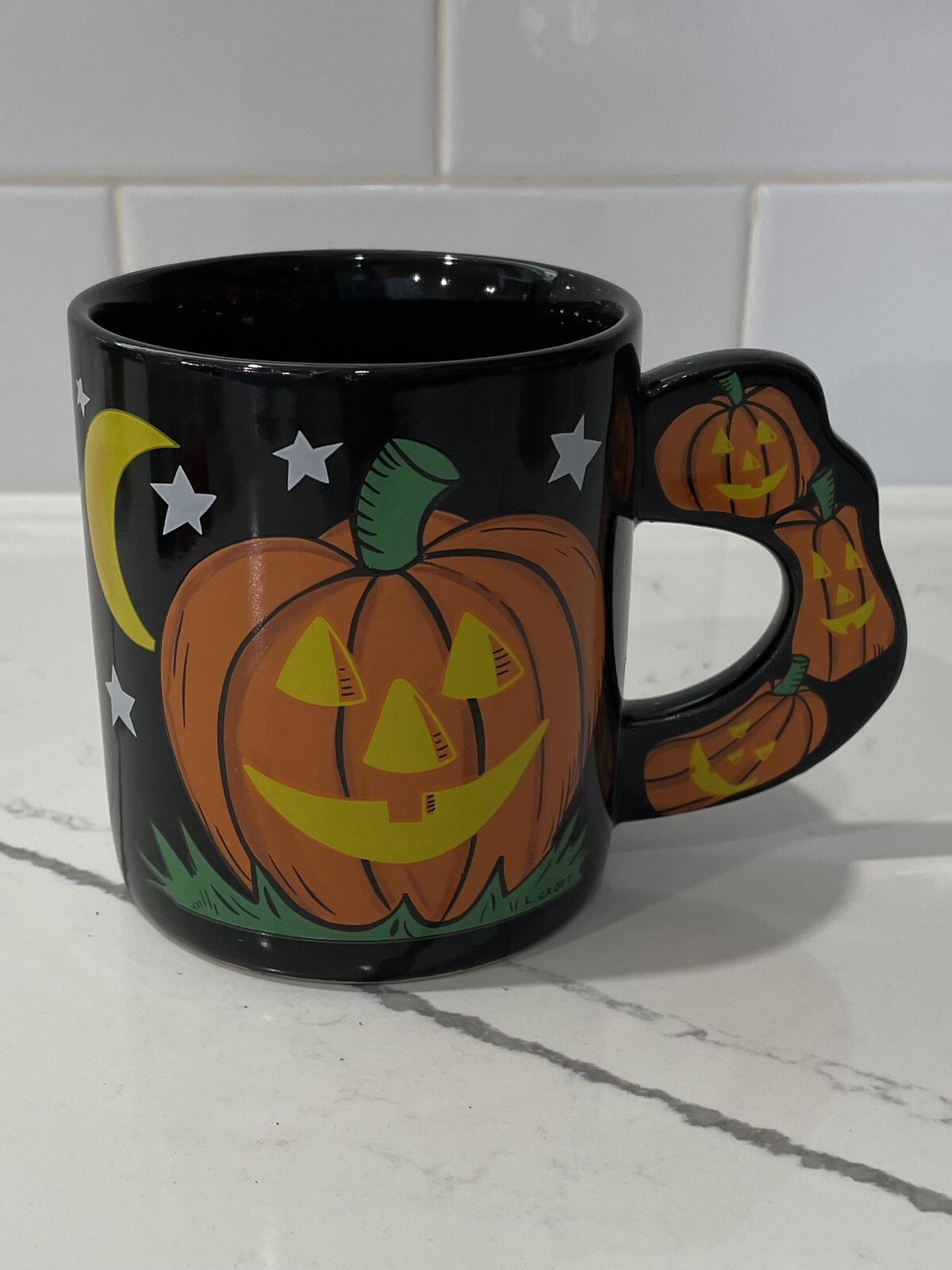 Vintage Halloween Mug Pumpkin Stars & Moon With Decorative Handle