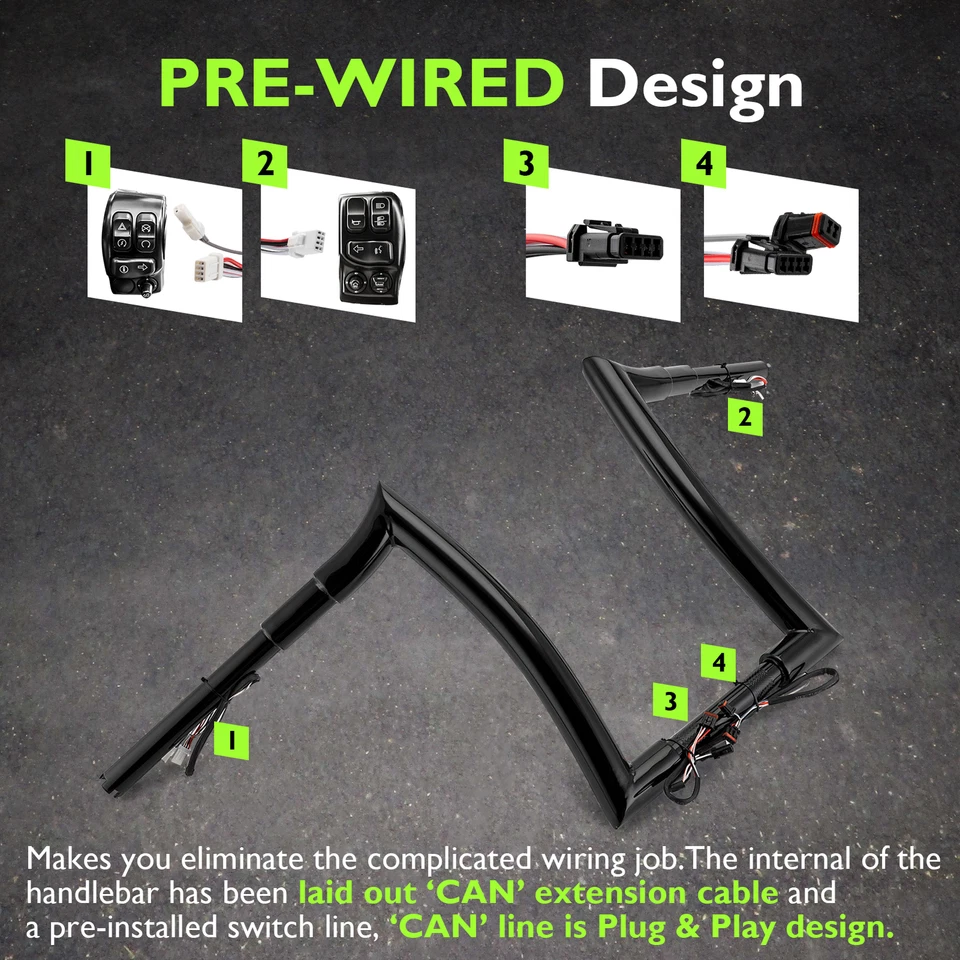 MOFUN 12" Pre-Wired 1.5" Fat Bar Handlebars For Harley Dyna Softail Sportster XL - Image 4 of 4
