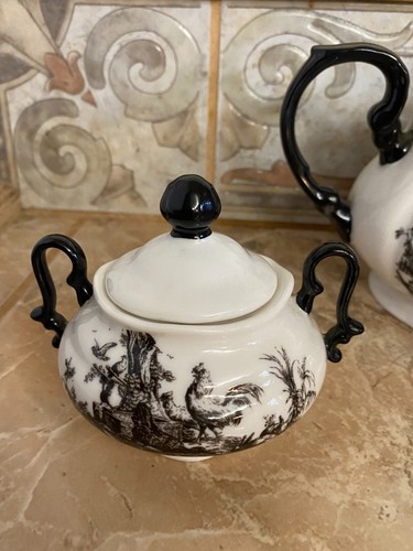 Vintage black & white french toile, ROOSTER - teapot, creamer, sugar - 3 pc - Picture 9 of 11