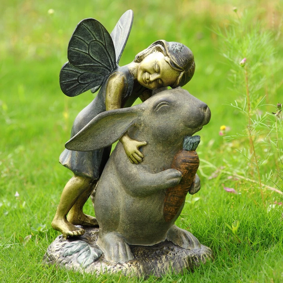 Linda escultura de jardín Hada Niña y Conejo Felicidad con Zanahoria Foto 2 de 2