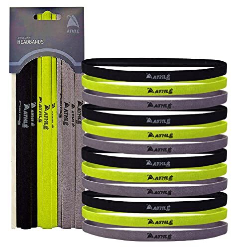 Athlé Skinny Headbands for Women and Men - 12 Pack - Elastic Black, Grey, Green