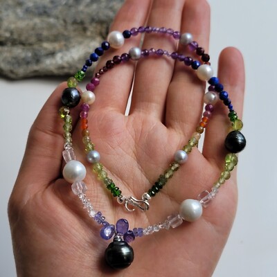 Collier En Argent 925 Avec Perle Noire De Tahiti Et Tanzanite Naturelle - Marque Rose-Mimosa - Neuf Avec étiquettes