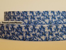 Grosgrain Ribbon Blue Flowers Violets Field Daisies Floral Hair Bows, 7/8"