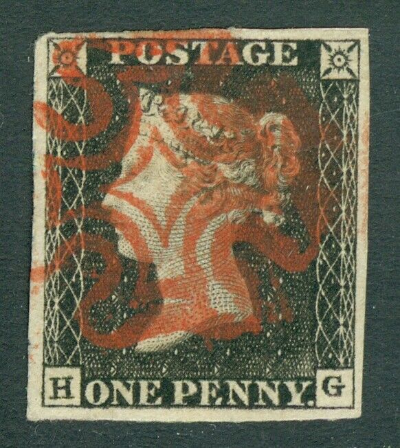 SG 2 1d black plate 1a lettered HG. Very fine used with a crisp red Maltese...