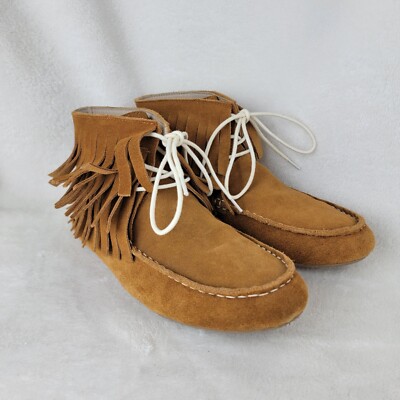 Monkey Feet Tan Suede Triple Fringe Lace Up Ankle Bootie Size