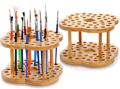 Foraineam 2 Pack Rotating Paint Brush Holder 53 Holes Bamboo Natural Color 