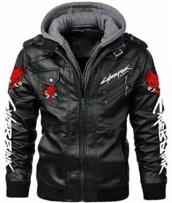 Cyberpunk 2077 Samurai Hooded Jacket   Black Leather Biker Gamer Style