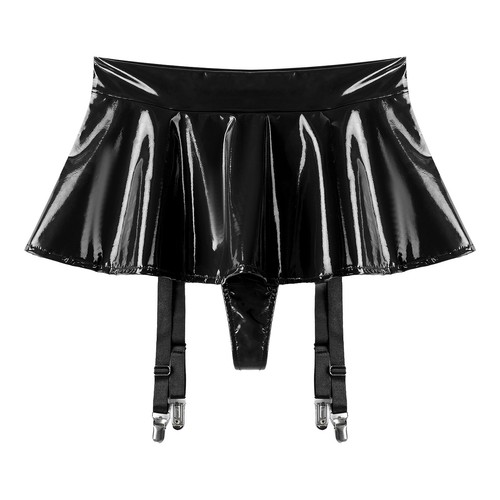 Womens PVC Leather Mini Skirt High Waist Skirt with Garter Belt for Stockings - Picture 24 of 44