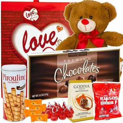Valentine's Day Gift Arrangement in 12-inch Teddy Bear Baskets, Chocolates