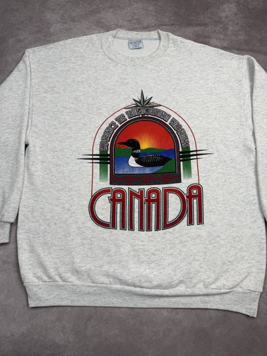 Vintage Canada Sweatshirt Mens XL Gray Crewneck Loon Bird Graphic Pullover 90s - Picture 2 of 18