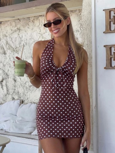Women's Polka Dot Halter Mini Dress Backless Lace Up Summer Dress