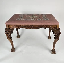 Antique Needlepoint Stool Piano Bench Griffin Legs Rococo Revival Carved Wood