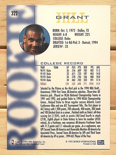 1994-95 NBA Hoops Grant Hill #322 Rookie RC HOF - Detroit Pistons - 第 2/2 張圖片