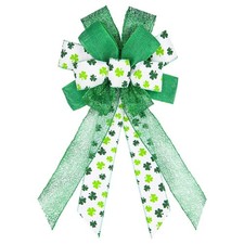 Large St. Patrick's Day Bows for Wreath, Green White Shamrock St. Patrick's W...