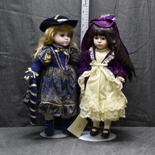 Victorian Porcelain Doll Lot 2 Velvet Dresses 17” w Stands Looking Pretty