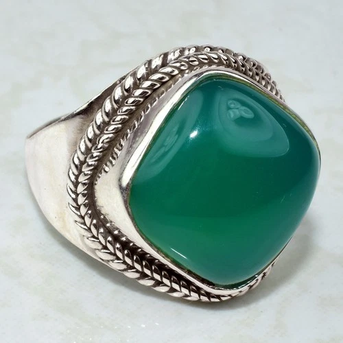 Shri Ashapura Jewels Green Onyx Sterling Silver Cushion Gemstone Statement Ring - product listing photo