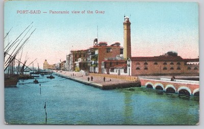 Port Said Panoramablick auf Kai Leuchtturm Ägypten Vintage Postkarte
