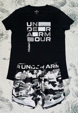 Girls Under Armour Black/White/Gray T-Shirt  Shorts Set Sz/ SMALL 8 