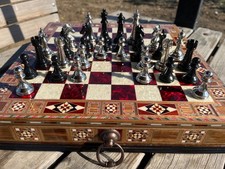 Luxury Handmade Chess Set - Metal Pieces, Pearl Inlay Board, 2 Drawer Box