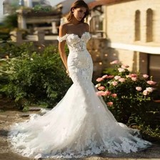 Elegant White Mermaid Wedding Dresses Off Shoulder Lace Appliques Bridal Gowns