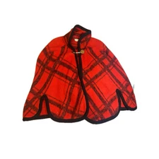 Vintage Emily Wetherby Wool Cape Red Black Plaid Made in France Scalloped Hem L