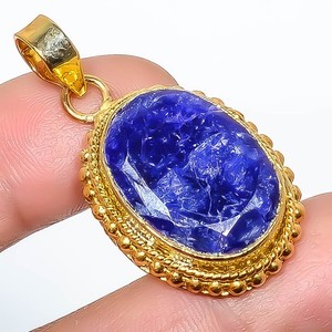 Authentic Blue Sapphire (Simulated) Gemstone 925 Silver Gold Plated Pendant 1.56" P6-120