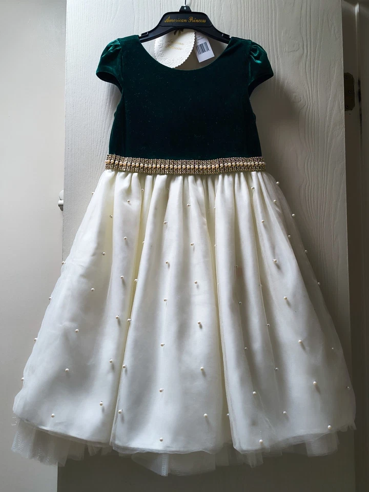 Vestido AMERICAN PRINCESS Niñas Pequeñas Talla 8 Verde Terciopelo/Marfil Perla Estrás Foto 3 de 4