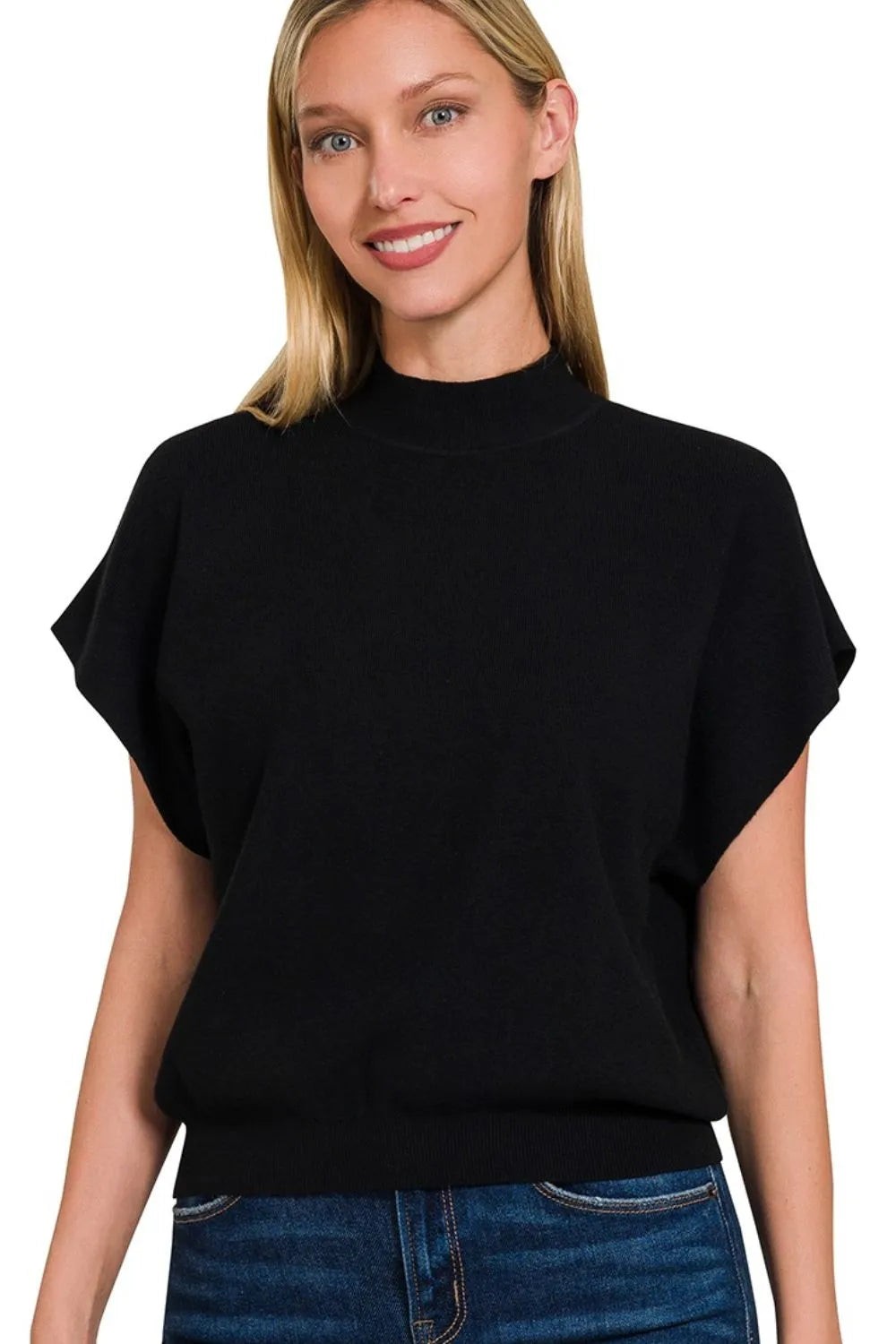 Zenana Mock Neck Short Dolman Sleeve Womens Sweater